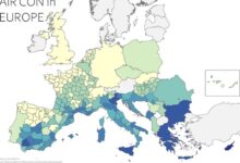 Un mapa de Europa que muestra la distribución del aire acondicionado en diferentes regiones.