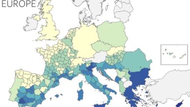 Un mapa de Europa que muestra la distribución del aire acondicionado en diferentes regiones.