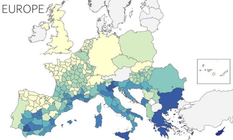 Un mapa de Europa que muestra la distribución del aire acondicionado en diferentes regiones.