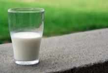 Imagen de una taza de leche con un vaso de agua en el fondo