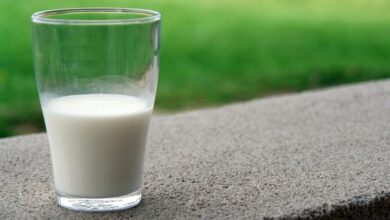 Imagen de una taza de leche con un vaso de agua en el fondo