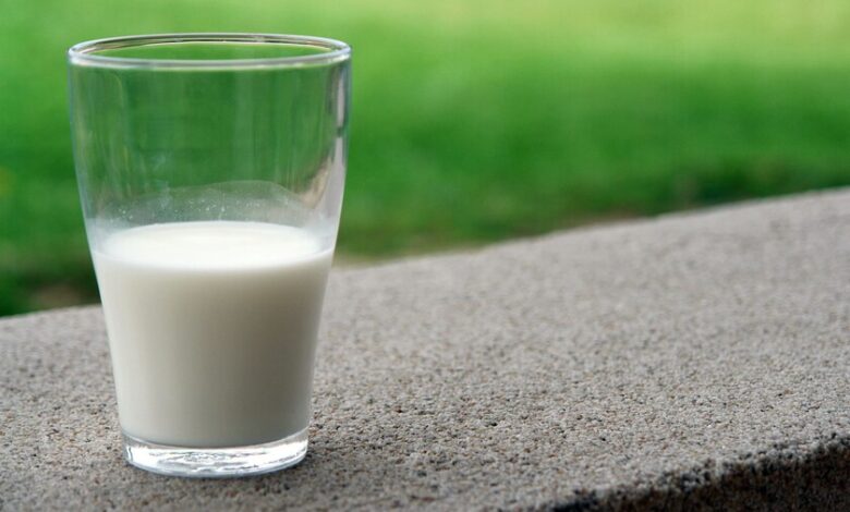 Imagen de una taza de leche con un vaso de agua en el fondo