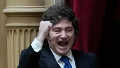 Javier Milei celebrando con una bandera argentina