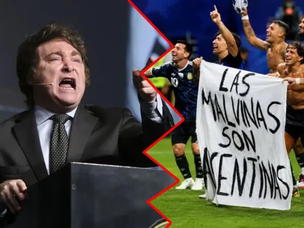 Imagen de la bandera de Malvinas en un estadio lleno de personas