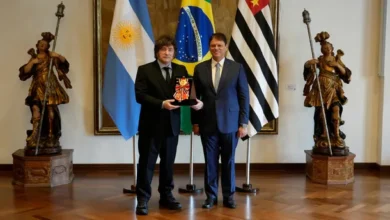 Javier Milei, presidente de Argentina, en un acto político en apoyo a la candidatura de Flávio Bolsonaro en Brasil