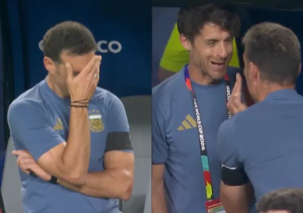 Lionel Scaloni en el banco de suplentes, hablando con Pablo Aimar
