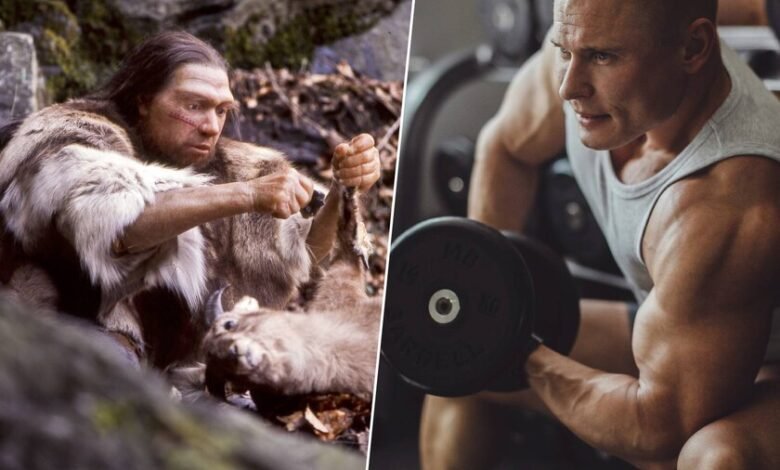 Ilustración de un neandertal y un humano moderno comparando su fuerza muscular