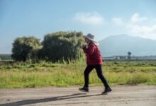 Persona caminando por un parque tranquilo