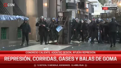 Imágenes de la represión en el Congreso, con agentes de seguridad arrojando gases lacrimógenos y balas de goma contra manifestantes y periodistas.