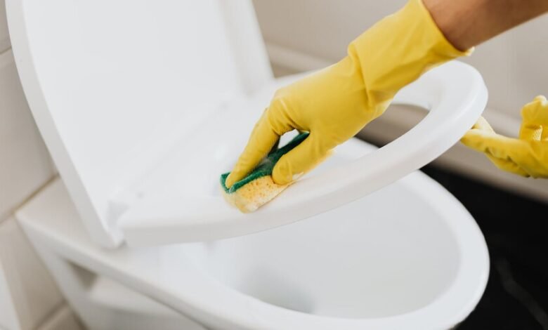 Persona bajando la tapa del inodoro mientras se observa la descarga de agua