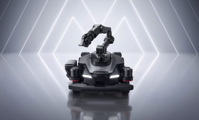 AstraX robot cortacésped con brazo robótico en acción en un jardín
