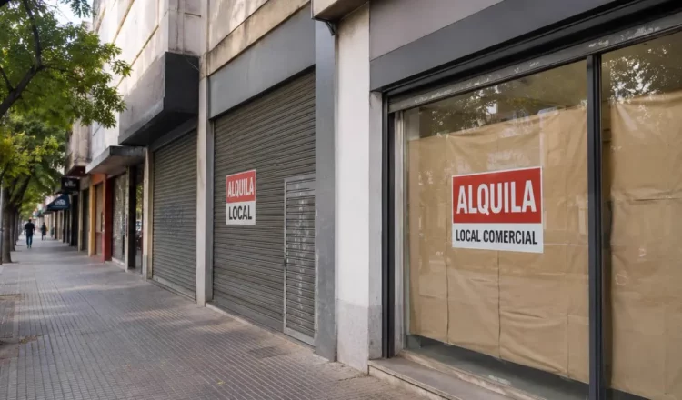 Edificio comercial vacío en el centro de Córdoba con carteles de 'Se alquila' y señal de alta vacancia