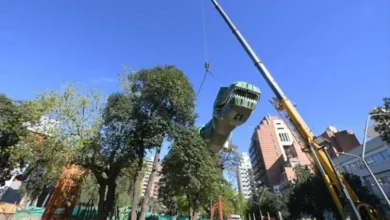 Dinosaurio gigante de metal y plástico instalado en la zona infantil del Parque de las Tejas