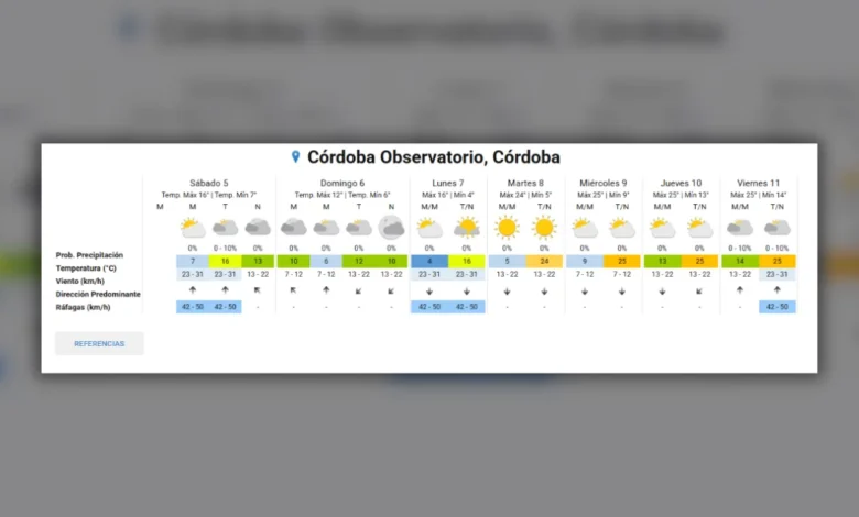 Mapa del pronóstico extendido del Servicio Meteorológico Nacional que muestra la llegada del frío polar y la posible aguanieve en Córdoba