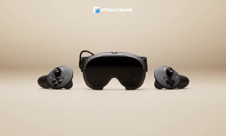 Visor Steam Frame de Valve con mandos y dongle USB, mostrando su diseño compacto y pantallas integradas