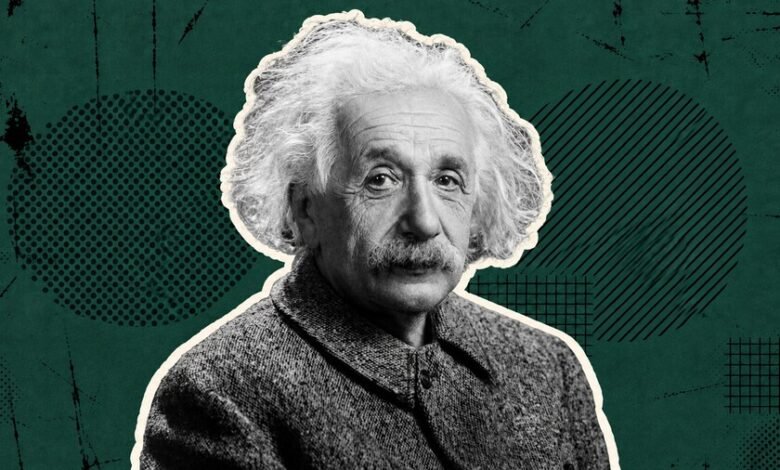 Collage de Albert Einstein con cita sobre la vida tranquila