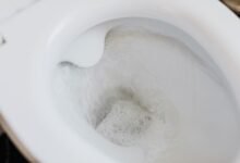 Imagen de un frasco de vinagre blanco junto a la base de un inodoro