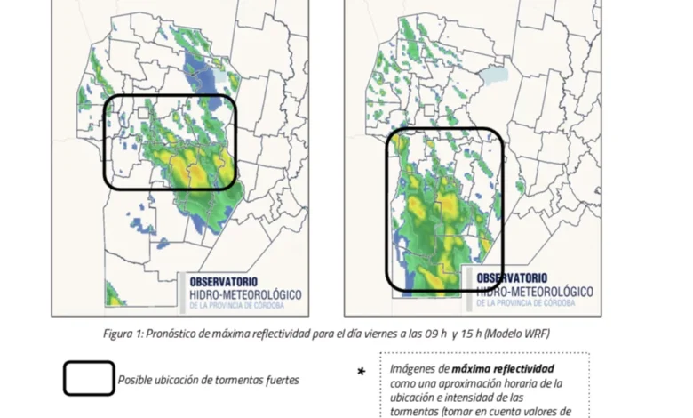 Mapa de tormentas previstas en Córdoba el viernes 9 de octubre